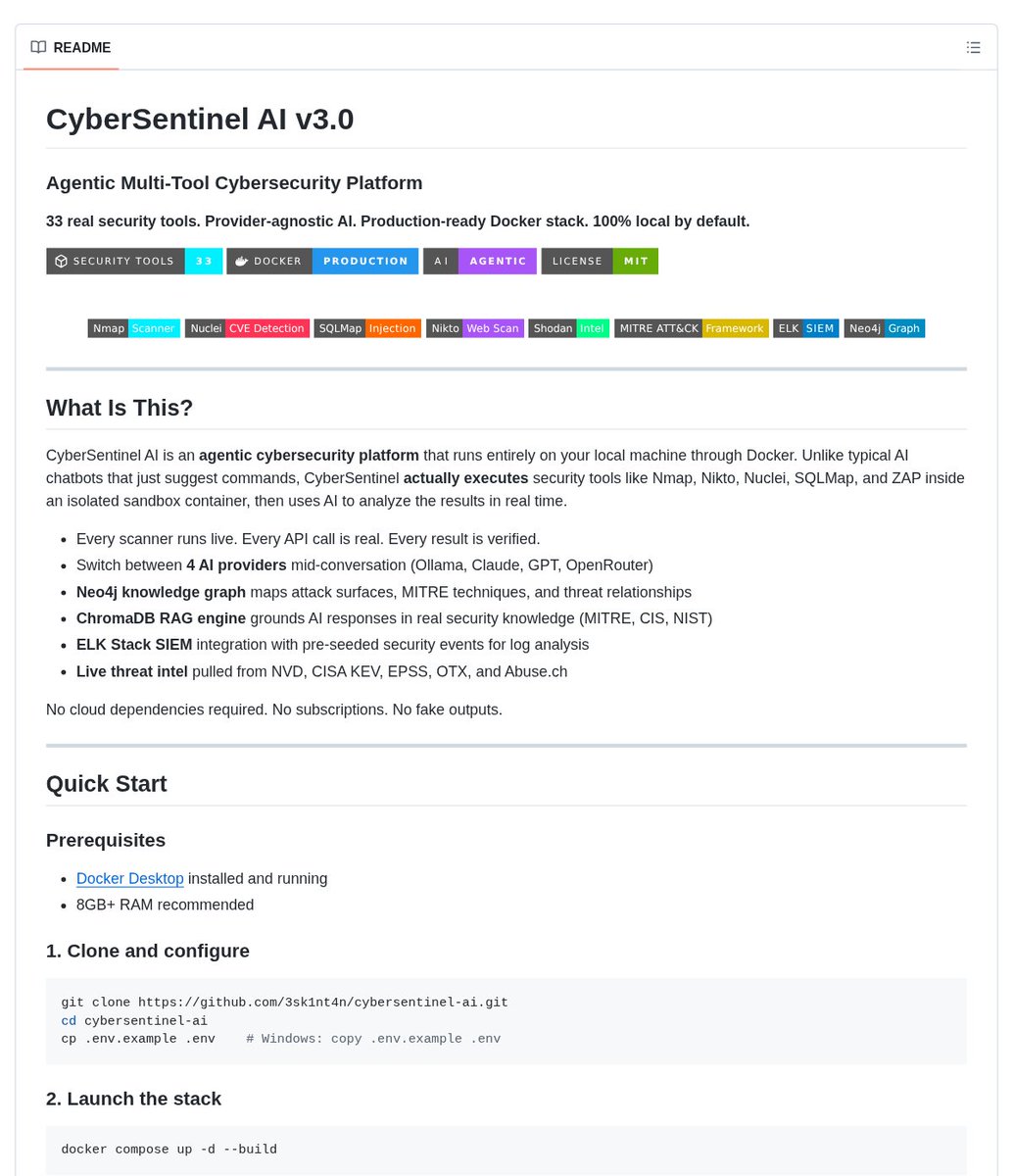 CyberSentinel README screenshot showing a local Docker security stack with 33 tools plus Neo4j and ChromaDB components