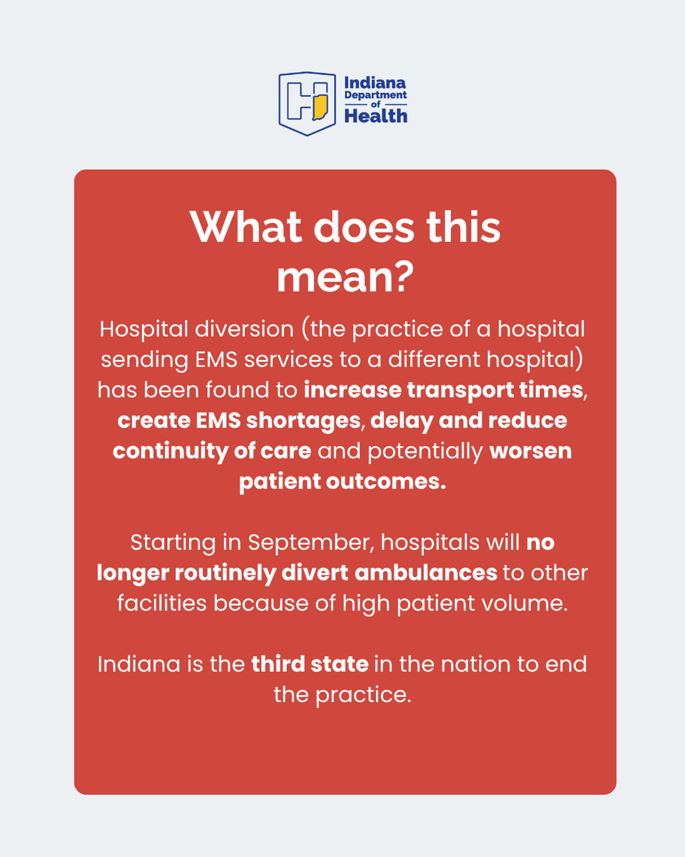 StateHealthIN's tweet photo. A change is coming to emergency care in Indiana. 🚑

Starting in September, Indiana hospitals will end routine hospital diversion, helping patients get the right care, at the right place, at the right time.

Read the full press release: https://t.co/3fqmXsfHG2 https://t.co/2KkSG6M5O4