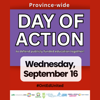 osstf's tweet photo. Our contracts have expired. Our resolve is only growing.

On Wednesday, September 16, #OSSTF members will join teachers and education workers across Ontario for a province-wide Day of Action to defend publicly funded education!

Together with @ETFOeducators, @OECTAProv, @AEFO_ON_CA, @osbcucscso, @OPSEU, OCEW, and EWAO, we represent more than 275,000 workers 🙌🏽 

We are united in demanding properly funded and fully staffed schools, better learning and working conditions, and real respect for the people who make public education possible.

The Ford government is counting on division. We are standing together.

Mark the date. More details to come.

#OntEdUnited #OnPoli #OntEd