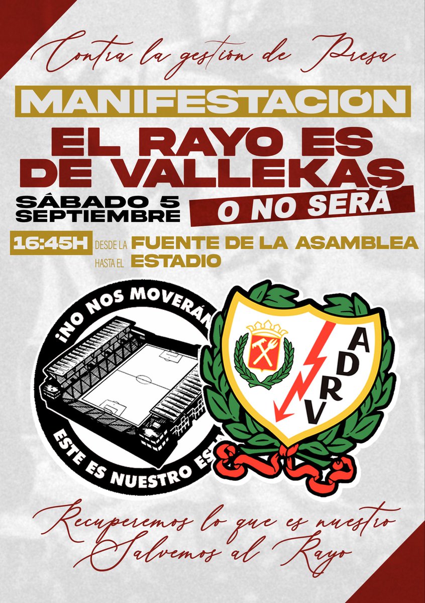 bukaneros92's tweet photo. Convirtamos la frustración ante la nefasta gestión de Presa en movilización.

No dejemos que dejen al Rayo Vallecano en estado crítico.

No dejemos que el Rayo Vallecano juegue en otro estadio.

SALVEMOS AL RAYO VALLECANO.
SALVEMOS NUESTRO ESTADIO. https://t.co/BKQJgCBLzX