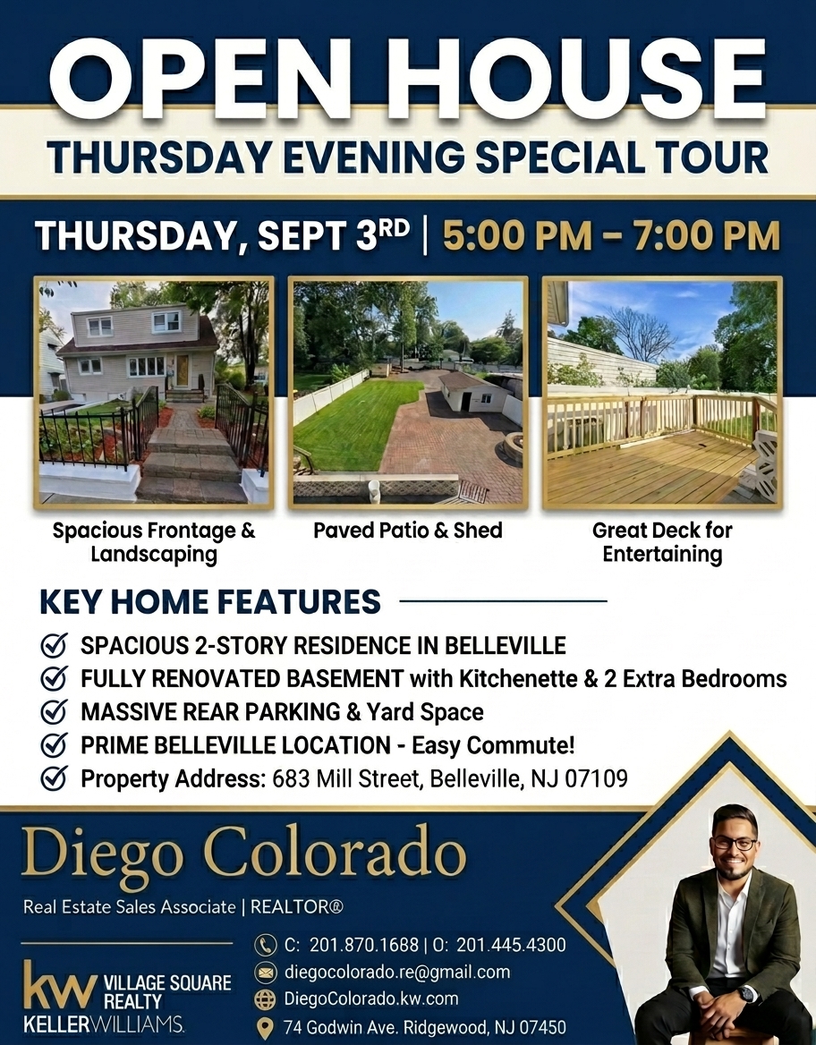 EstateDiego's tweet photo. 🚨 TOMORROW! Open House in Belleville, NJ 🏡

📍 683 Mill St, Belleville ⏰ Thursday, Sept 3rd | 5:00 PM – 7:00 PM
2-story home + renovated basement + huge yard!
📲 Diego Colorado: 201.870.1688 🏢 KW Village Square Realty #NJRealEstate #OpenHouse https://t.co/Ex6VTkkPW5