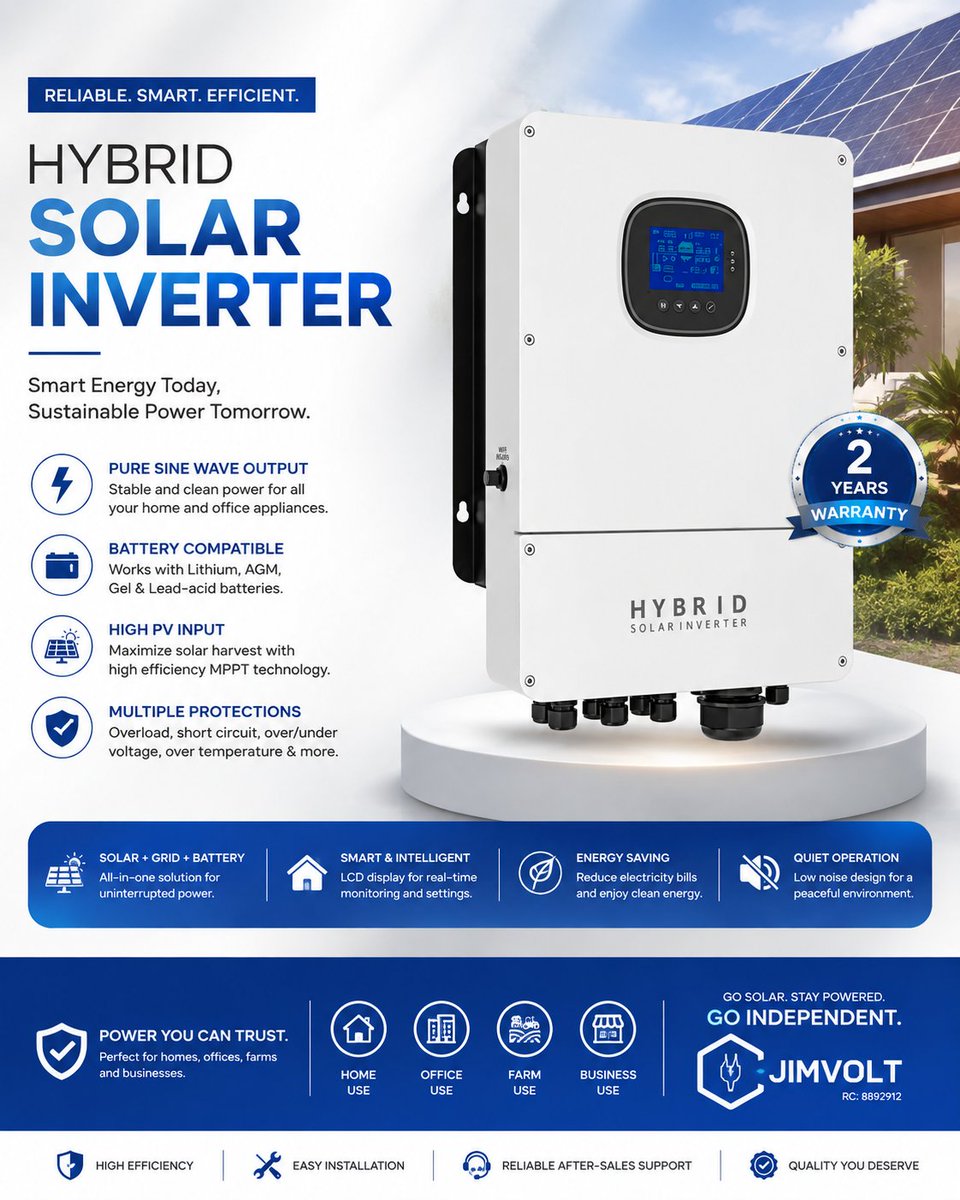 Jimvolt_Engr's tweet photo. Introducing the Hybrid Solar Inverter pure sine wave output, battery compatible, high PV input &amp; multiple protections. Solar + grid + battery, all in one. 2-year warranty. 
#Jimvolt #SolarNigeria #GoIndependent https://t.co/mpJQP57Kgt