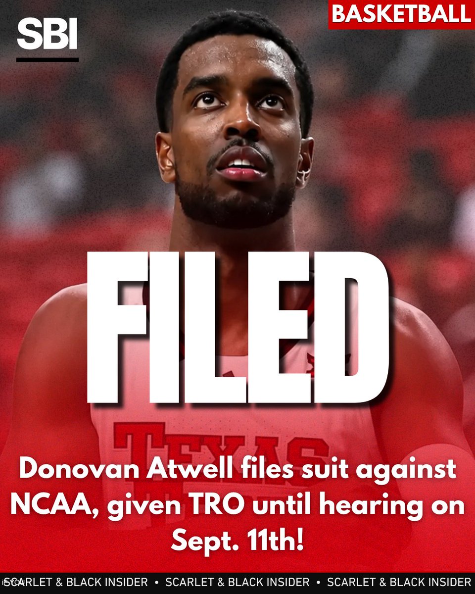 SBInsiderHQ's tweet photo. NEW: Donovan Atwell has filed a lawsuit against the NCAA in Lubbock County, per court records.

He is represented by Texas Speaker of the House @Burrows4TX, John Rudinger, and Andrew Seger.

TRO granted and Hearing set for Sept. 11th https://t.co/PkIHHBTReR