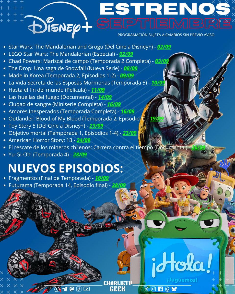charlietvgeek's tweet photo. #BreakingNews
Todos los estrenos del mes de septiembre en #DisneyPlusLA.
#TheMandalorianAndGrogu
#AmericanHorrorStory #ToyStory5 https://t.co/ePzYZwptvH
