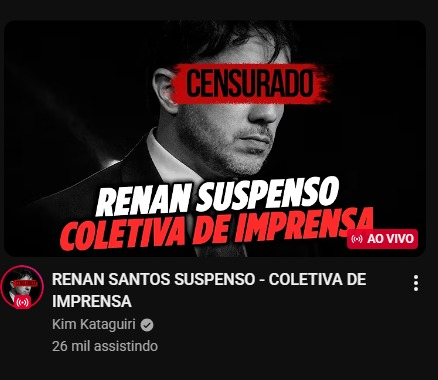 demetriovec's tweet photo. Entrei no Youtube e a primeira recomendação era a transmissão do Kim Kataguiri, que é candidato a deputado federal e a quem eu não sigo.

Ele informou esse perfil ao TSE em 12 de agosto. Mas o YouTube segue sugerindo-o, mesmo proibido.

Aí eu pergunto: o TSE vai punir só os candidatos? E quando o problema  está na rede social? Quem pune?

O efeito é o mesmo: redes de candidatos sendo promovidas em desconformidade com a lei.