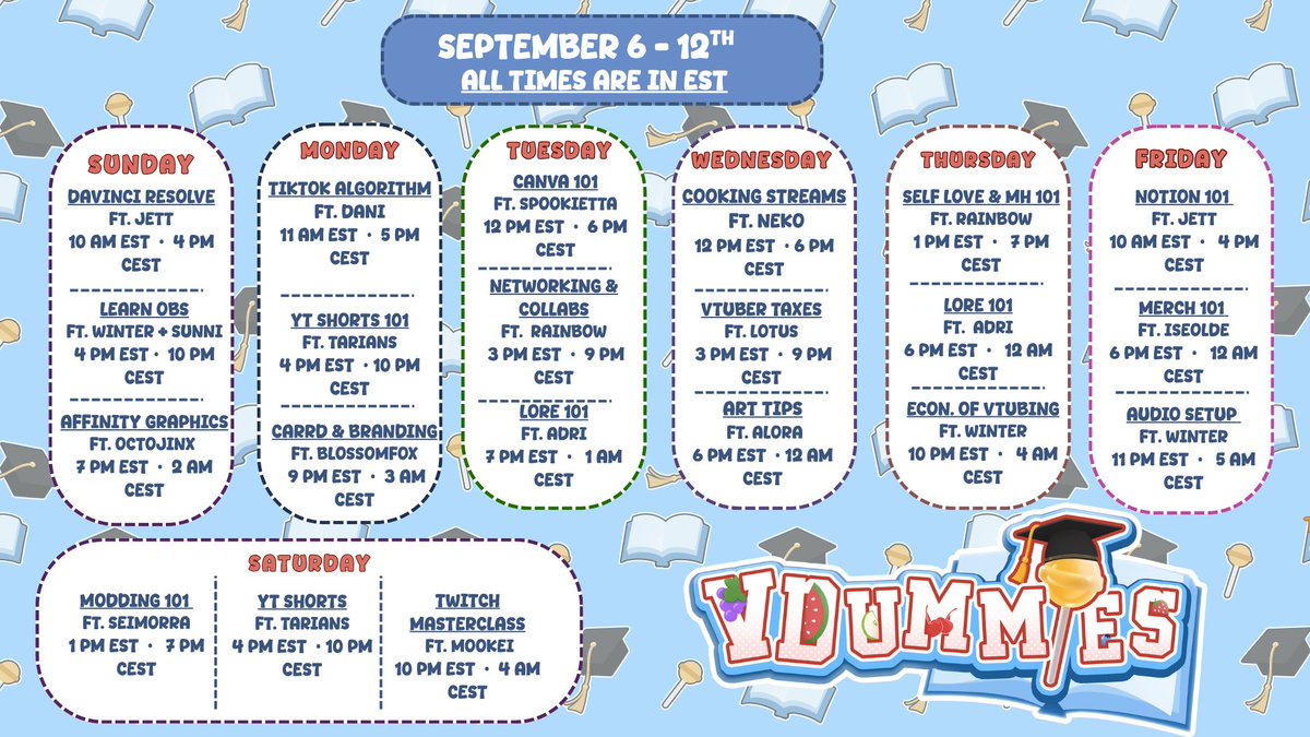 SmartiesVT's tweet photo. 🎓✨ VDUMMIES WEEK 1 SCHEDULE! ✨🎓

Check out our new class schedule this semester! 📚

Meet your professors, discover your classes, and get ready to learn, grow &amp; level up! ✨

📅 First Semester begins September 6th!

🎓 Class is almost in session! Apply below! ⬇️ https://t.co/x6VEvCqNPO