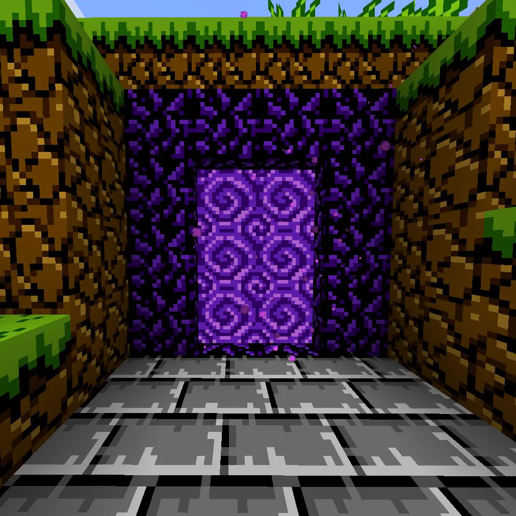 A screenshot of a Nether Portal built into a dirt cave in Minecraft with Geo's NES Textures.