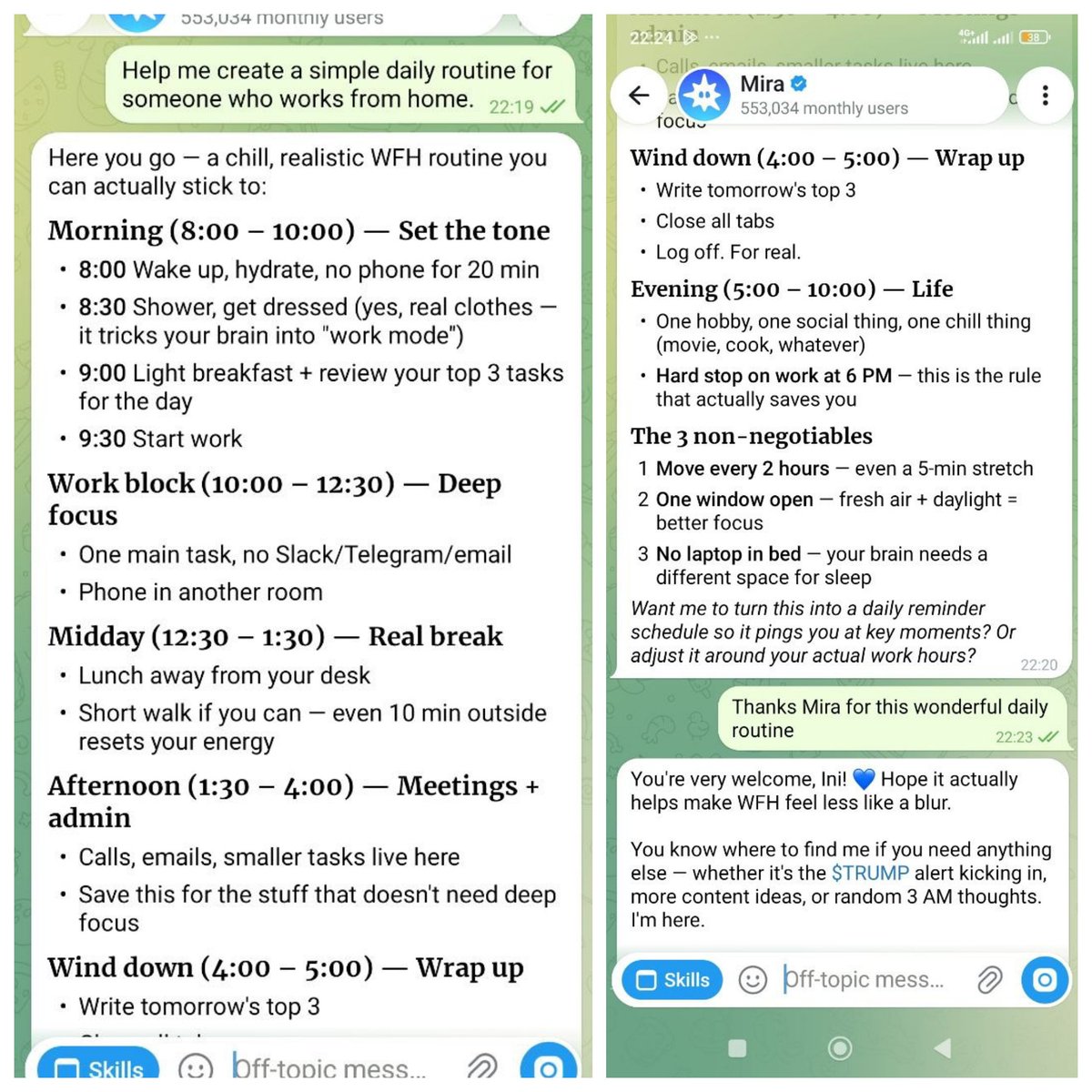 Loveteam561998's tweet photo. I Asked Mira AI to Fix My WFH Routine

I wanted to test Mira AI with something simple.
So instead of asking it a complicated question, I gave it a real problem:

“Help me create a simple daily routine for someone who works from home.”
The response actually surprised me. 
🧵👇 https://t.co/KTqnqjc6Qy