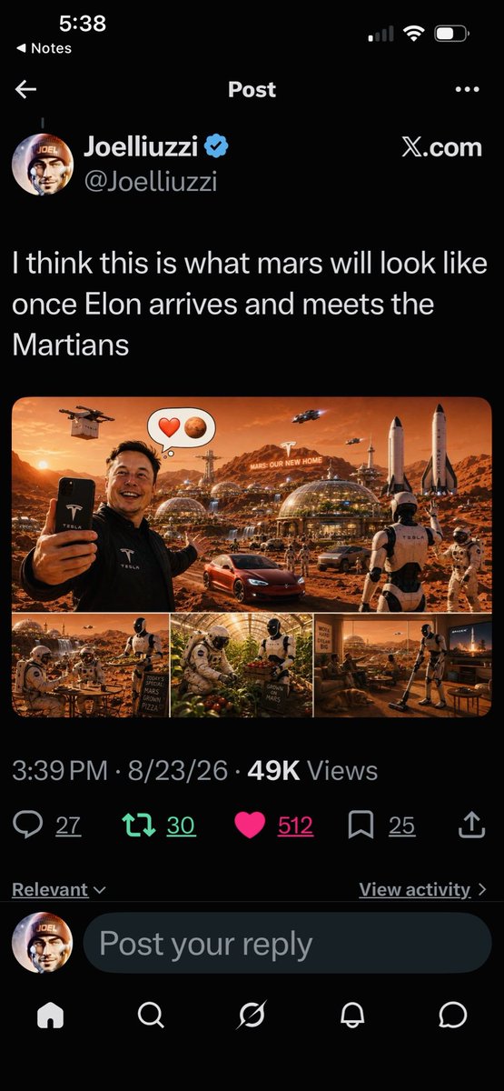 Joelliuzzi's tweet photo. 👀 All this engagement is starting to catch A LOT of eyes. Even @elonmusk 

The likes, replies, reposts, and new faces showing up aren’t happening by accident.

Something is building. People are paying attention. 🫣

We’re still early.

Keep watching. 👀
$Martians https://t.co/gkmWZE6Qxk
