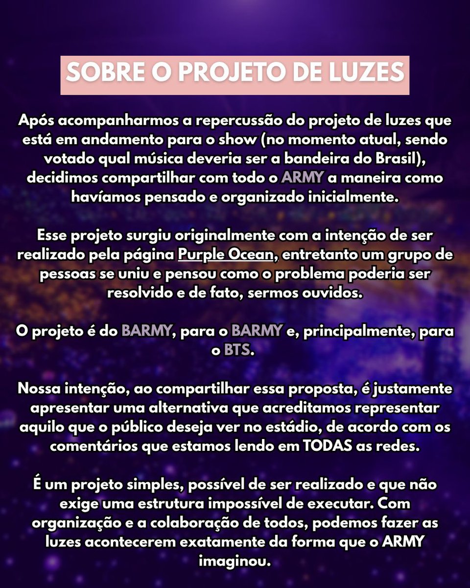 wingsjimin7's tweet photo. A VOZ DO B-ARMY PRECISA SER ESCUTADA! 🇧🇷💜

Estamos trazendo a proposta do projeto das luzes porque queremos ouvir vocês e pedir o apoio do BARMY para que possamos fazer acontecer os dois projetos de bandeiras por dia. 

Segue o fio 🧶 https://t.co/3QMmvJ2FGA