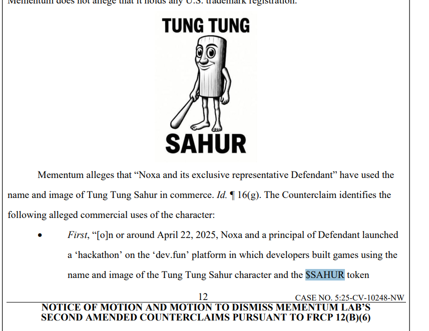 Liz_Binance's tweet photo. New files in the Brainrot Meme court case identify the original character as “Tung Tung Sahur” not “Tung Tung Tung Sahur”

they also show a new official design tied to the licensed/trademarked character, and the same filing names the character’s token simply as "SAHUR" not DoubleT or TripleT

https://t.co/40FC7dMiYg

https://t.co/DYWdQa4kWE

https://t.co/sdtKjB5Zg1

verify: https://t.co/EwJCAmizjh