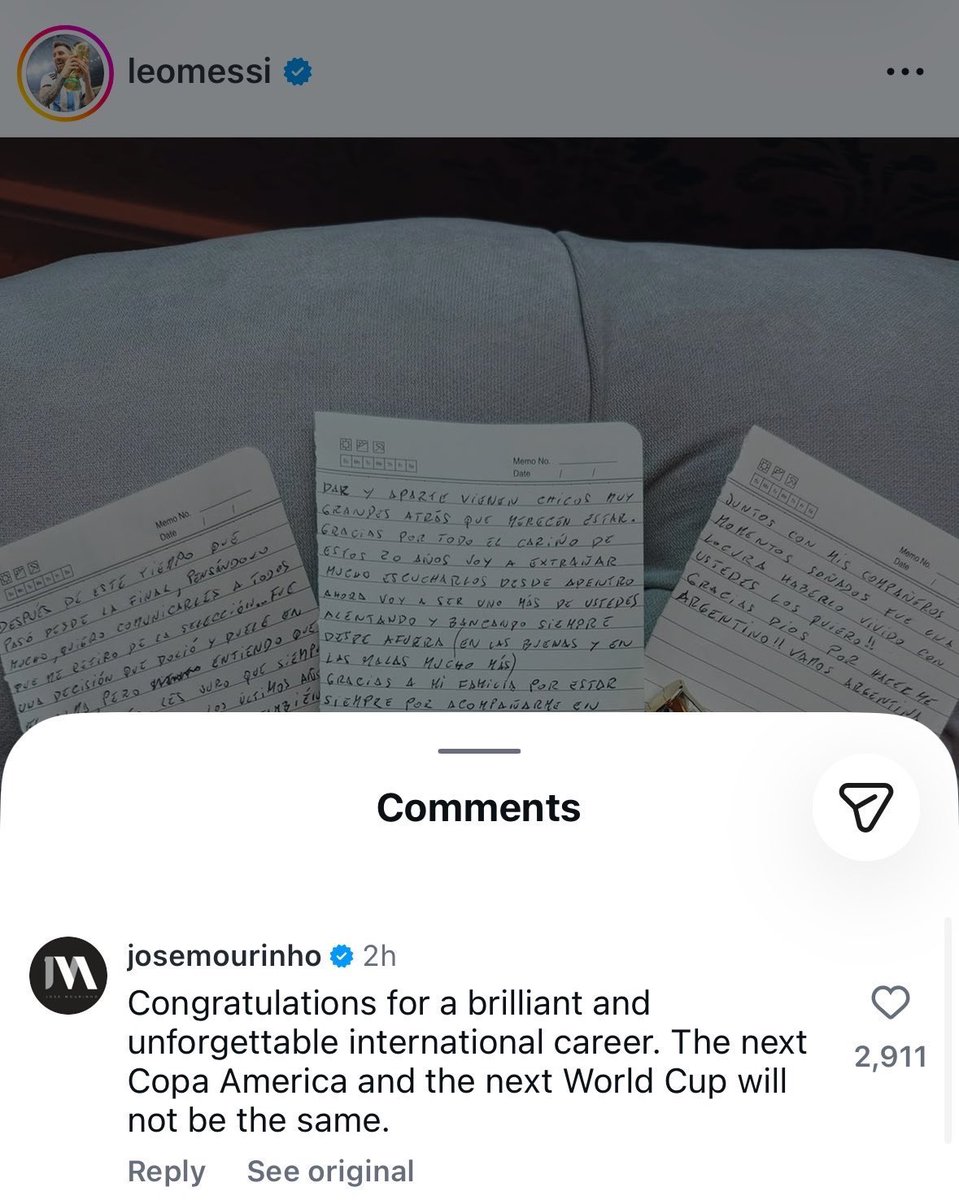 ActuFoot_'s tweet photo. 🚨 Le commentaire de José Mourinho 🇵🇹 pour Lionel Messi 🇦🇷🐐 :

« Félicitations pour une carrière internationale brillante et inoubliable. 

La prochaine Copa América et la prochaine Coupe du monde ne seront pas les mêmes. » https://t.co/ky4Nvg6p39