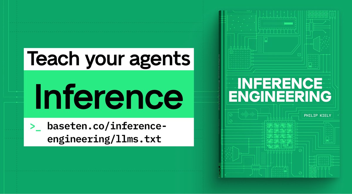 philipkiely's tweet photo. Teach your agents inference.

The full text of Inference Engineering  is now available to LLMs everywhere. No more parsing PDFs.

3,000 tokens | links to each chapter: https://t.co/ggaII5NwTr

70,000 tokens | full text: https://t.co/1wa2w1cCnf