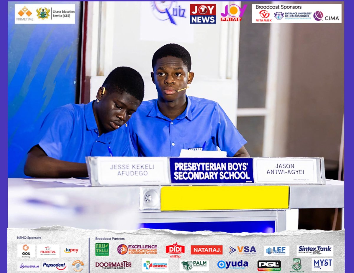 JoyNewsOnTV's tweet photo. QUARTERFINALS | ROUND 5 — MAIN AUDITORIUM

PRESEC Legon — 56 🔵
Mfantsipim School — 39 🔴⚫
Presby SHS, Bompata — 24

BLUEEEEE!
The 8-time champions have done it! PRESEC Legon books the semifinal ticket, sending the defending champions packing
The Red & Black fought hard, but Botwe’s title defence ends here
8-time champs to the semis. The defending champs are OUT

#NSMQOnJoy #NSMQQuarters #NSMQ2026