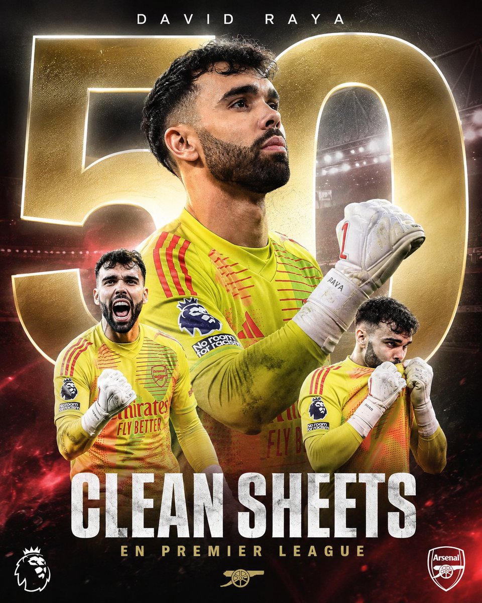 Actufoot_stats's tweet photo. 🚨🧤 DAVID RAYA ENTRE DANS LE CERCLE DES 50 ! 🧼🇪🇸

📊 David Raya vient d’enregistrer son 50ᵉ clean sheet en Premier League avec Arsenal, en seulement 109 apparitions. 🔥

🌍 Depuis son arrivée chez les Gunners en 2023/24, aucun autre gardien n’a réalisé autant de clean sheets que lui dans les cinq grands championnats européens.

🏆 50 clean sheets en 109 matchs
🧤 N°1 en Europe depuis 2023/24
🔴⚪ Le mur d’Arsenal !