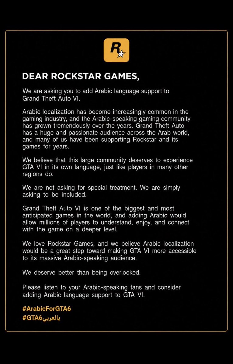 bas_ji2's tweet photo. #ArabicForGTA6
Hello @RockstarGames,
We ask you to consider Arabic subtitles and interface support in GTA VI. The Arabic gaming community is large, passionate, and has waited years to experience GTA in its own language.
Arabic isn't just a translation. It's part of the experience https://t.co/SORqnsqhqO