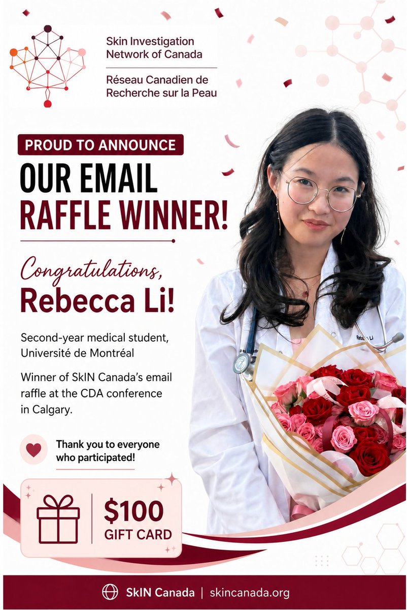 canada_skin's tweet photo. Congratulations to Rebecca Li, the winner of SkIN Canada’s email raffle held at the Canadian Dermatology Association (CDA) conference in Calgary!
#SkINCanada #SkinHealth #Dermatology #SkinResearch #MedicalStudents #MedicalEducation #PediatricDermatology #SkinOfColour #CDA https://t.co/xyetSPz9e3