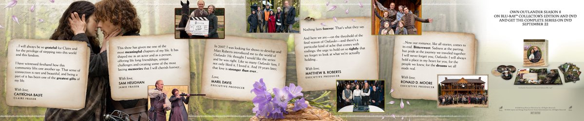 Outlanderclctr's tweet photo. With love, from the cast of #Outlander. ❤️

Take a sneak peek into their farewell letters celebrating the unforgettable eight-season journey. Read the complete letters included in the S8 Limited Collector’s Edition Blu-ray &amp; DVD. 

Available Sept 22. Pre-order at the link in bio. https://t.co/tdubm92DPo