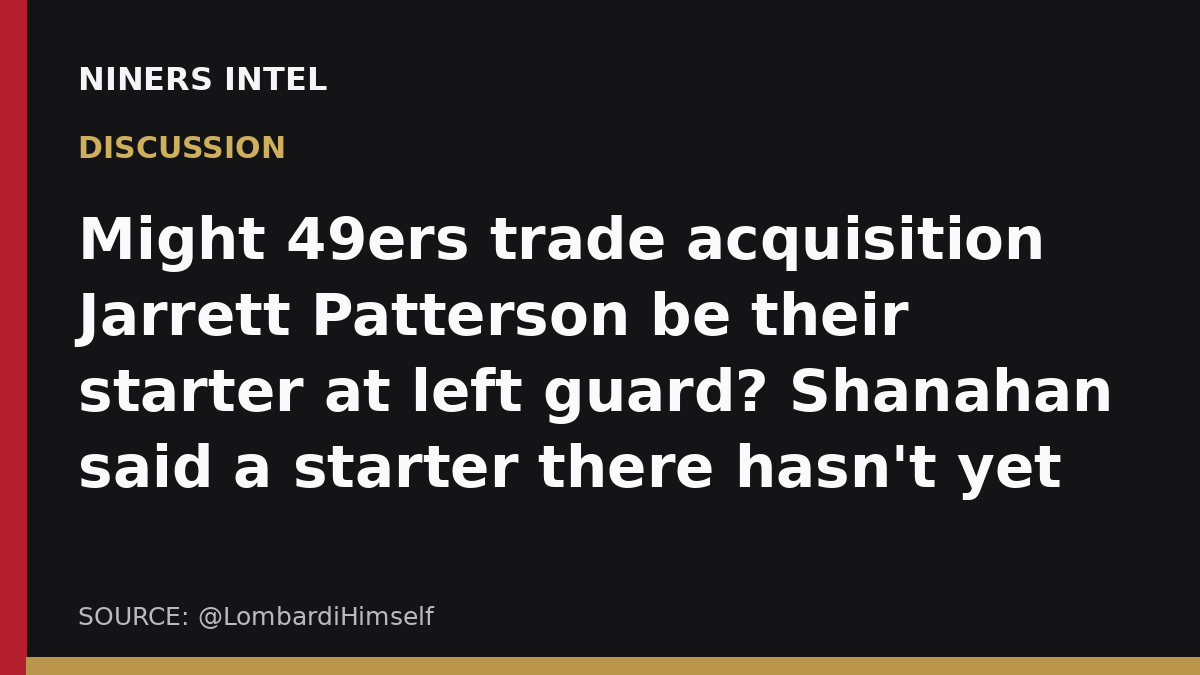 NinersIntel's tweet photo. The 49ers still haven’t named a left guard starter—and Jarrett Patterson may have a real shot. @LombardiHimself notes the Laken Tomlinson precedent: trade acquisition, then immediate LG starter. Could history repeat? https://t.co/G0zlgZEWAj https://t.co/dF89x1tj4o