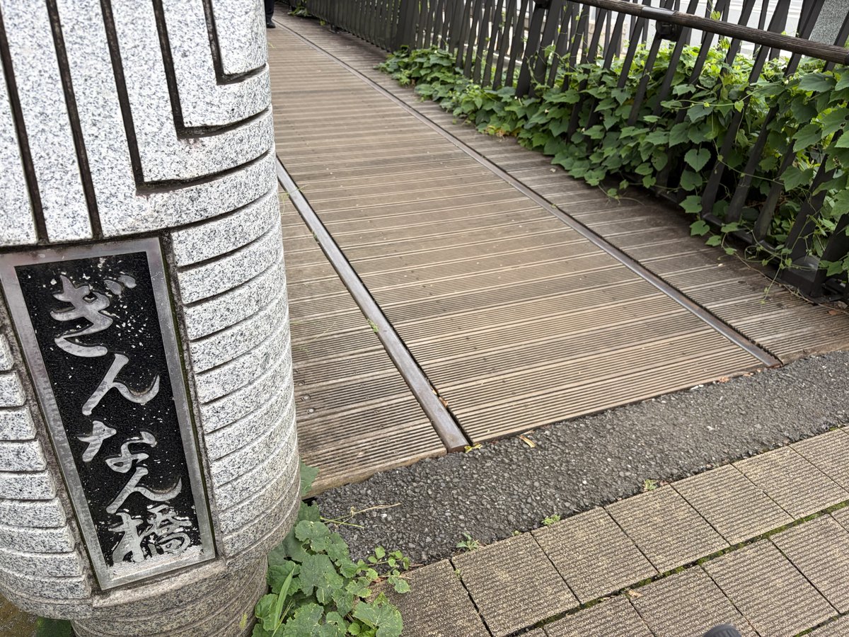 Monkeesneo's tweet photo. 調布保谷線、いちょう橋とぎんなん橋。
道路標識的にはいちょう橋。並列してぎんなん橋。
道路標識は何故いちょう橋表記？の謎が解けた。
いちょう橋は車用。
ぎんなん橋は歩行者専用。
よく見ると戦時中、中島飛行機迄の引込線があった事を忘れない様に？線路が埋め込まれている。なるほど🧐 https://t.co/amMaPJShUE