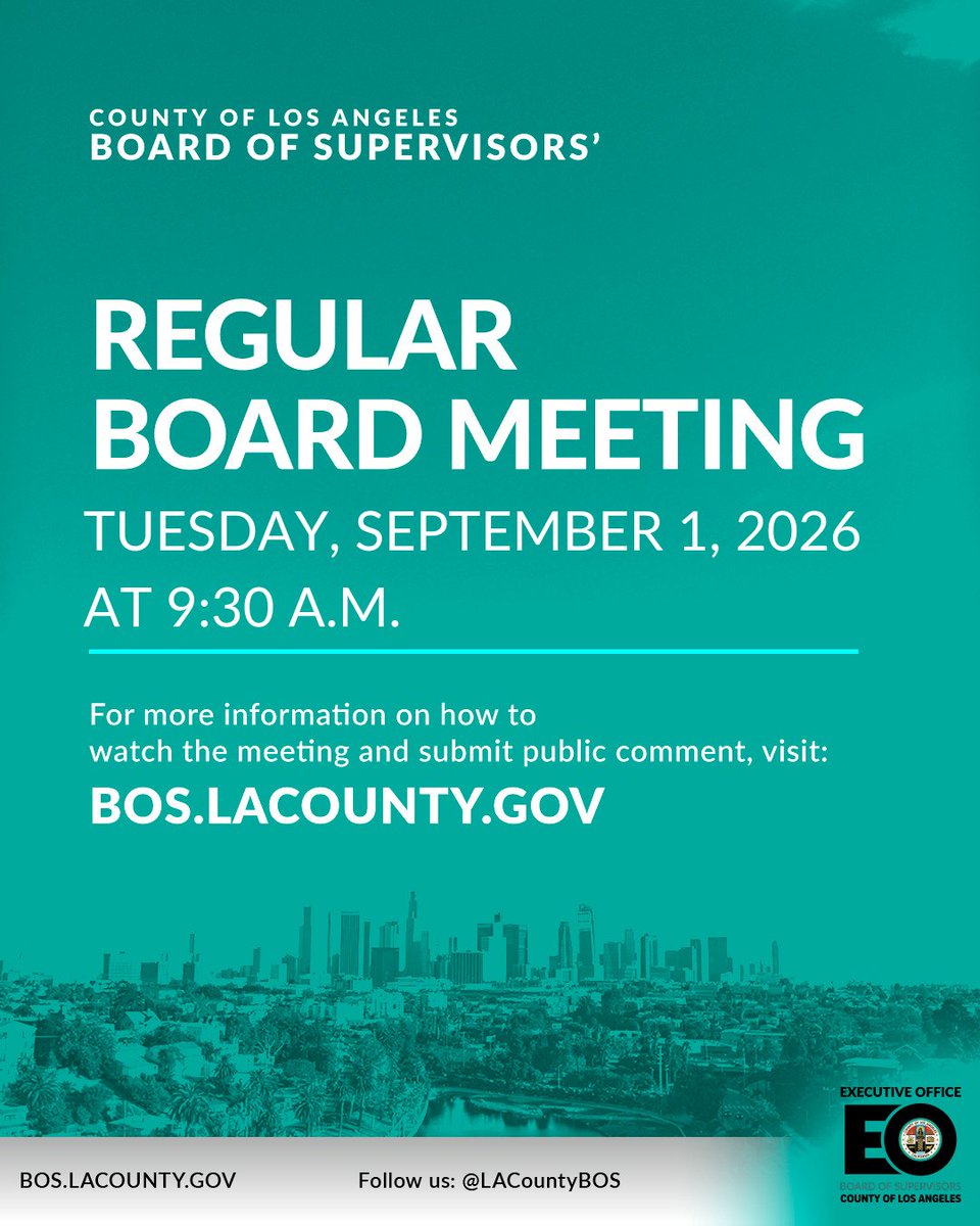 LACountyBOS's tweet photo. Join #LACountyBOS for the Regular Board Meeting tomorrow, September 1, at 9:30 a.m.    

➡️View the agenda &amp; participate: https://t.co/W4h7kQGire
➡️Watch live: https://t.co/jGMJh0t19Z 

#LACounty https://t.co/cwTm6D2aAI