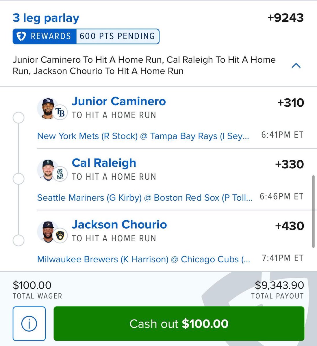 FLIPKINGLOCK's tweet photo. 🚨 MLB HOME RUN PARLAY 🚨 💰

💰 $100 → $9,343.90
📈 +9243 ODDS

⚾️ Junior Caminero — HR
⚾️ Cal Raleigh — HR
⚾️ Jackson Chourio — HR

#MLB #MLBParlay #SportsBetting #Baseball #HomeRun #BettingTwitter https://t.co/DsqFG4PseM