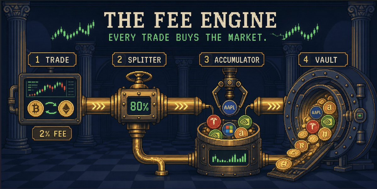 navdotfun's tweet photo. Every base:0xa15d5c95b7c0eecac06f673ad390ad6066705af7 trade pays a 2% fee. 80% flows straight into an Accumulator that buys stock tokens and locks them in the vault. The vault has no sell function. Assets only ever leave to holders.

Every trade deepens the backing behind every token.