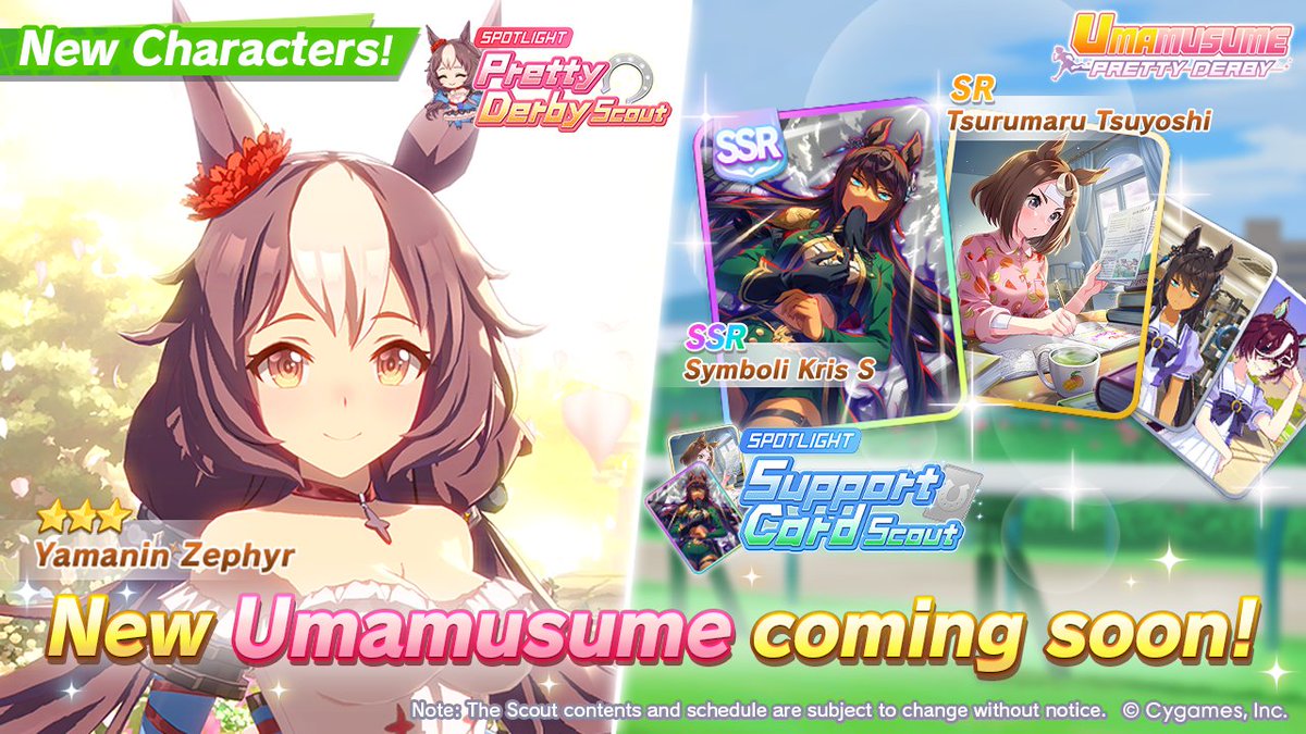 umamusume_eng's tweet photo. 📢 New characters are on their way to debut on Sep 1 (UTC):

🥕 3★ Yamanin Zephyr will appear in the Pretty Derby Scout!
🤝 SSR Symboli Kris S and SR Tsurumaru Tsuyoshi will also appear in the Support Card Scout!

#Umamusume https://t.co/HeVq2Kwuok