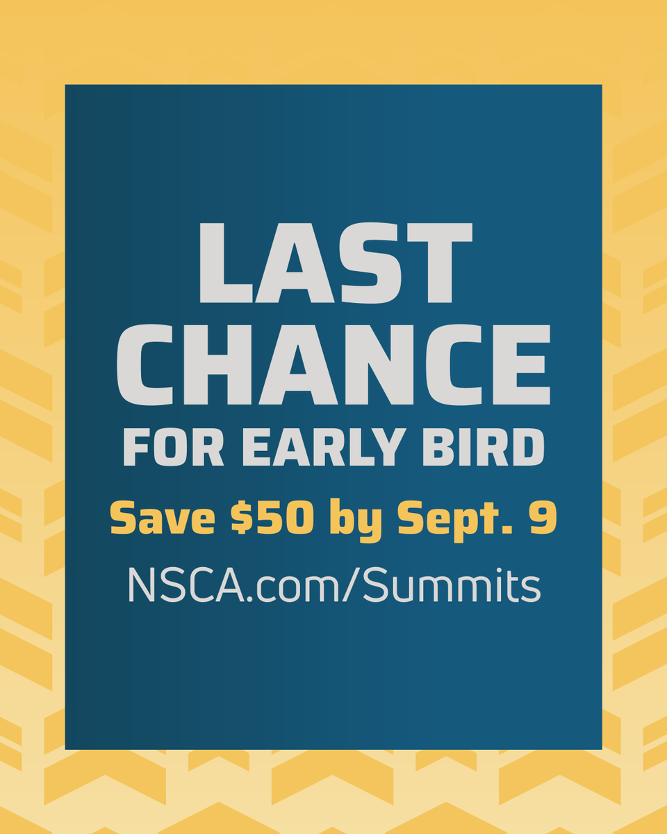 NSCA's tweet photo. You’ve got 10 days to save ⏳

On Sept. 26, join respected leaders at an NSCA Fall Performance Summit

✅ Earn 0.8 CEUs and take back ideas you can use
🔒 Lock in your rate by Sept. 9 and save $50
🏨 Need a room? Book at our preferred rate

REGISTER NOW » https://t.co/iXMGXWzpXp https://t.co/4nHHEWqDUe