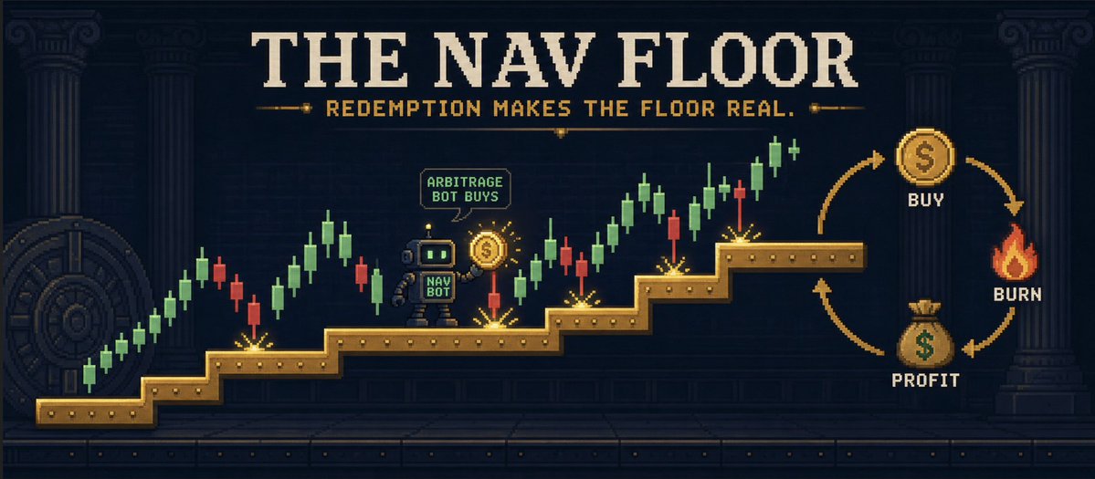 navdotfun's tweet photo. base:0xa15d5c95b7c0eecac06f673ad390ad6066705af7 has a hard floor: NAV-per-token.

Trade below it and arbitrageurs buy, burn, and pocket the difference this is the exact mechanism that keeps ETFs at fair value, running permissionlessly on-chain.

The discount closes itself and the floor only rises.