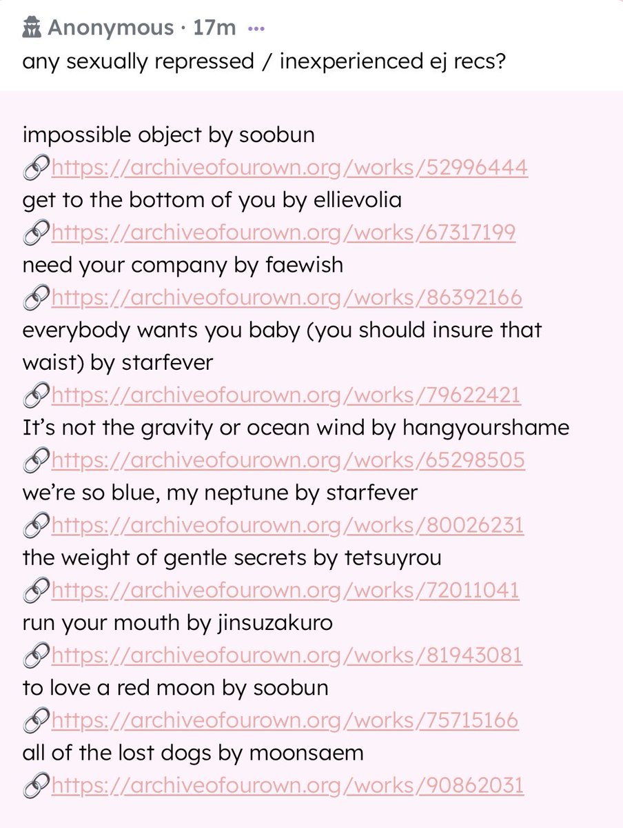 euijoolovebot's tweet photo. any sexually repressed / inexperienced ej recs? — impossible object by soobun
🔗https://t.co/afyRPgetdK
get to the bottom of you by ellievolia
🔗https://arch… https://t.co/CzplXysgH6 https://t.co/YUtuSmb75p