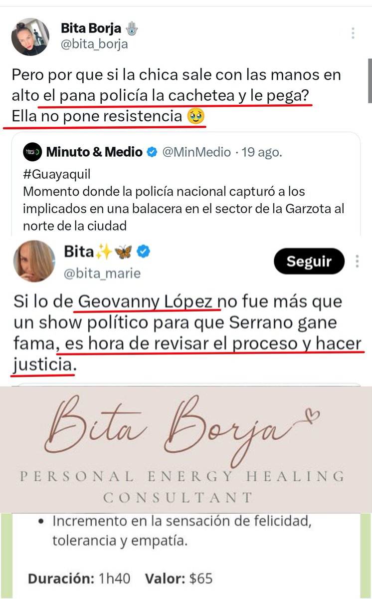 FunerariaAlach's tweet photo. Bita Borja (ahora llamada @bita_marie) antes defendió a una DELINCUENTE que estaba armada y que iba disparando y dijo: "No le peguen, pobrecita, ella no ponía resistencia 🥹"....Ahora ella misma sale a defender al ASESINO de Sharon, Geovanny López, dueño de La Data. Pero como no defenderlo si tiene como referente a ese pasquín del Gobierno.

Recordar que ese "Ser de Luz" llamada Bita Borja, cobra por "incrementar la sensación de felicidad, tolerancia y empatía", pero en realidad se dedica a defender a DELINCUENTES y ASESINOS.