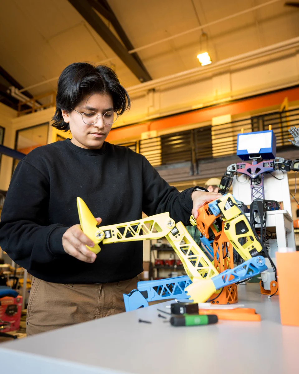 Student examines colorful humanoid robot. 