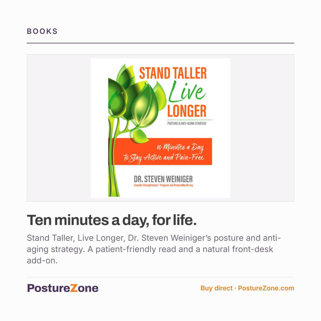 PostureZone's tweet photo. Ten minutes a day to stay active and pain-free.

Stand Taller, Live Longer is Dr. Steven Weiniger’s posture and anti-aging strategy. A patient-friendly read and a natural front-desk add-on.

https://t.co/mjqUW90xQB https://t.co/kG3kzX6nDG