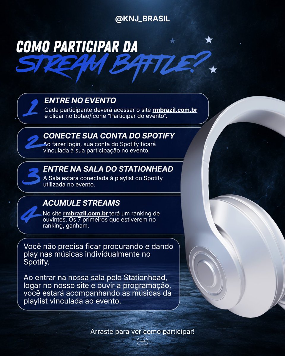 knj_brasil's tweet photo. 🥊 BELL RINGS! A STREAM BATTLE DO RM BIRTHDAY COMEÇOU! 🥊

Está na hora de entrar no ringue e mostrar seu AMOR E DEDICAÇÃO PELO NAMJOON!

De 7 a 13/09, vamos ter 7 dias de Stream Party no Stationhead e no final do dia 13 teremos 7 ganhadores diferentes!

COMO PARTICIPAR?
1️⃣ Entre no site https://t.co/8ZOZ5750eb (VAMOS LIBERAR PROXIMO AO DIA) e clique em “Participar”
2️⃣ Faça login com a sua conta do Spotify
3️⃣ Entre na nossa sala no Stationhead
4️⃣ Ouça a programação normalmente
5️⃣ Acumule seus streams durante a competição!

A nossa sala estará vinculada à playlist do Spotify, então, ao ouvir a programação pelo Stationhead, suas reproduções serão contabilizadas no site de acordo com as regras da competição.

E O PRÊMIO?

Cada vencedor terá 2 INGRESSOS poderá escolher UMA DATA + UM HORÁRIO para a exposição, em qualquer dia ou horário.

📅 07/09 às 19h → 13/09 às 19h
📍 Stationhead

LET’S GO, ARMY! O ROUND VAI COMEÇAR! 🥊