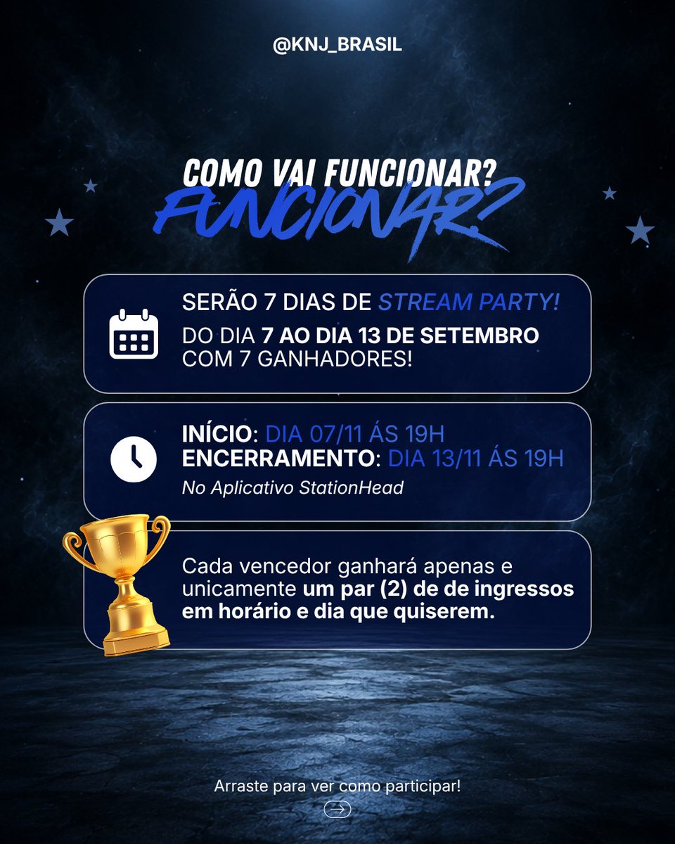knj_brasil's tweet photo. 🥊 BELL RINGS! A STREAM BATTLE DO RM BIRTHDAY COMEÇOU! 🥊

Está na hora de entrar no ringue e mostrar seu AMOR E DEDICAÇÃO PELO NAMJOON!

De 7 a 13/09, vamos ter 7 dias de Stream Party no Stationhead e no final do dia 13 teremos 7 ganhadores diferentes!

COMO PARTICIPAR?
1️⃣ Entre no site https://t.co/8ZOZ5750eb (VAMOS LIBERAR PROXIMO AO DIA) e clique em “Participar”
2️⃣ Faça login com a sua conta do Spotify
3️⃣ Entre na nossa sala no Stationhead
4️⃣ Ouça a programação normalmente
5️⃣ Acumule seus streams durante a competição!

A nossa sala estará vinculada à playlist do Spotify, então, ao ouvir a programação pelo Stationhead, suas reproduções serão contabilizadas no site de acordo com as regras da competição.

E O PRÊMIO?

Cada vencedor terá 2 INGRESSOS poderá escolher UMA DATA + UM HORÁRIO para a exposição, em qualquer dia ou horário.

📅 07/09 às 19h → 13/09 às 19h
📍 Stationhead

LET’S GO, ARMY! O ROUND VAI COMEÇAR! 🥊