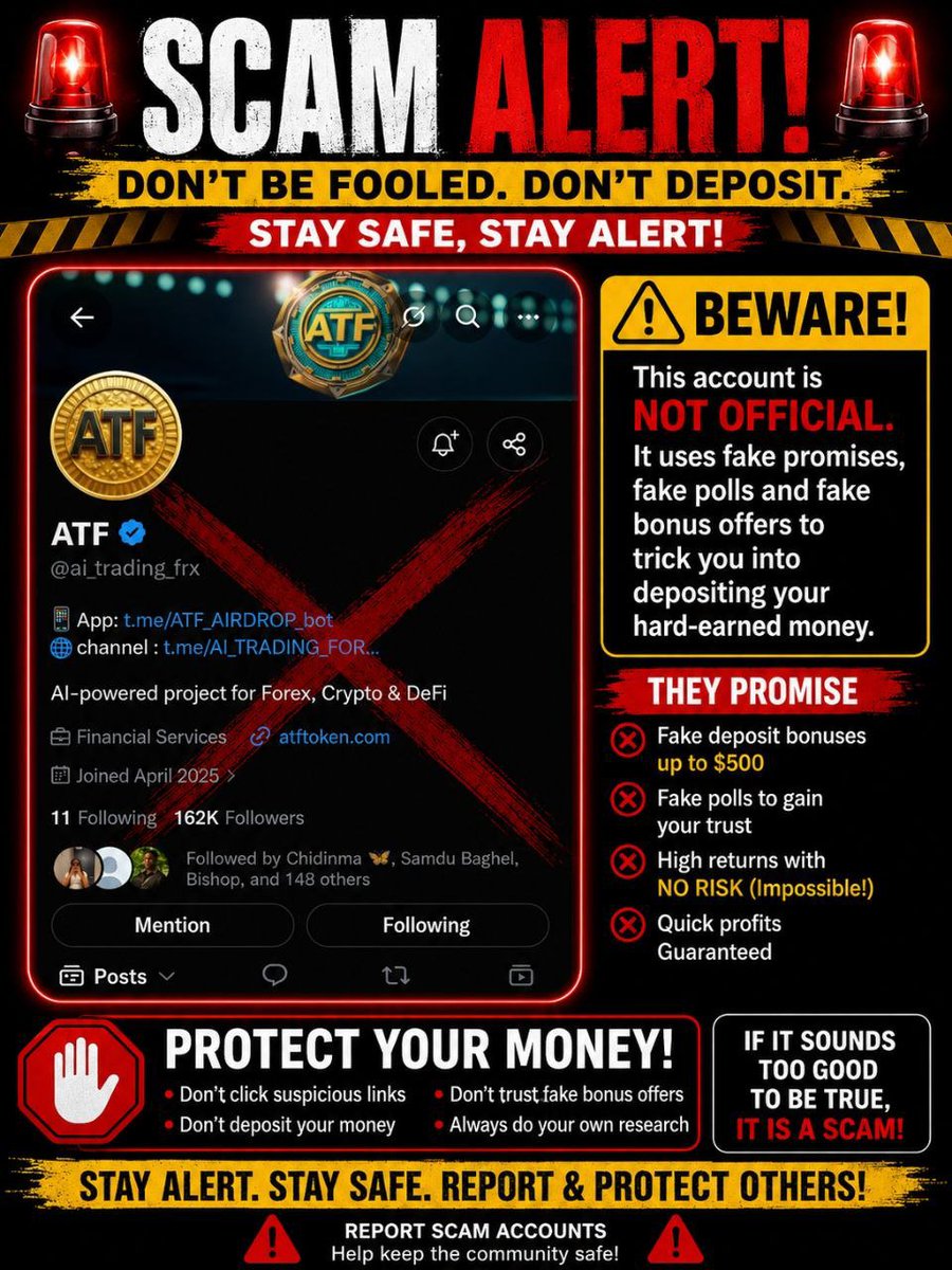 SaleemCryptoo's tweet photo. 🚨 ANNOUNCEMENT TO THE PUBLIC: IS ATF A SCAM 🚨

Anyone who has registered with ATF, please be very careful. I am seeing some signs that suggest there may be a problem with this ATF project. 😭💔

If someone makes a withdrawal, it is being reported that they are not receiving their money. Likewise, even after completing KYC verification on their account in order to make a withdrawal, there are still problems with receiving the payment or having the withdrawal processed. @ai_trading_frx

This situation is causing many people to start suspecting that there may be a problem with this project.

⚠️ Please, everyone should be cautious and avoid putting in more money until the truth of the situation has been confirmed.

I am asking anyone connected with ATF to help forward this message to the people managing ATF so they can hear the complaints from the community and explain what is happening. 

🙏 Please help share this message so that other people can be careful.