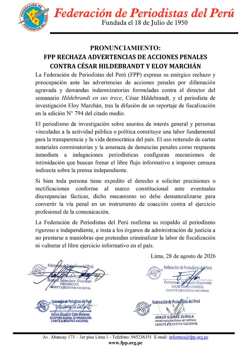 eloymarchan's tweet photo. Quiero agradecer a la @ANP_periodistas, el @IPYS, la @FPP_Noticias y el @cpperuoficial (pese a las diferencias) por la solidaridad y alerta frente a la querella que Damián Valenzuela, empresario amigo de Keiko Fujimori, puso contra mí y César Hildebrandt, director de @ensustrece. https://t.co/hRajWwiE9V