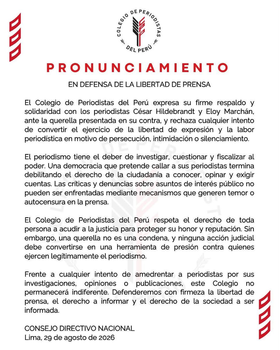 eloymarchan's tweet photo. Quiero agradecer a la @ANP_periodistas, el @IPYS, la @FPP_Noticias y el @cpperuoficial (pese a las diferencias) por la solidaridad y alerta frente a la querella que Damián Valenzuela, empresario amigo de Keiko Fujimori, puso contra mí y César Hildebrandt, director de @ensustrece. https://t.co/hRajWwiE9V