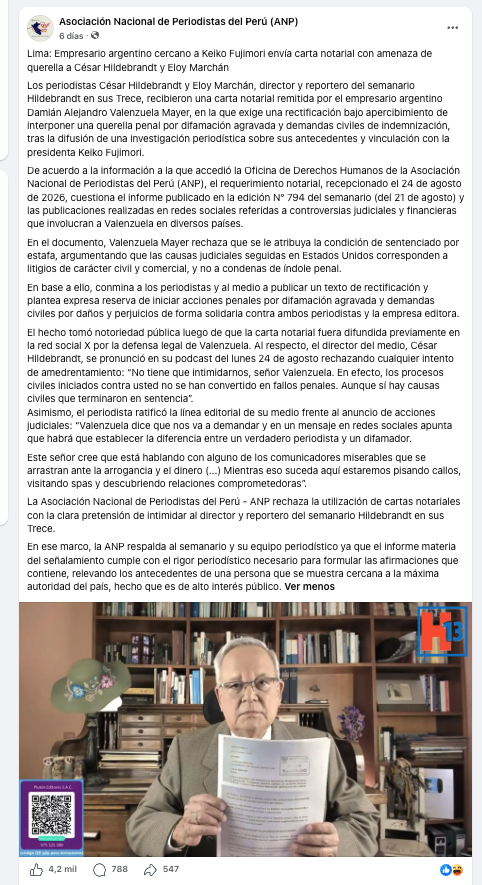 eloymarchan's tweet photo. Quiero agradecer a la @ANP_periodistas, el @IPYS, la @FPP_Noticias y el @cpperuoficial (pese a las diferencias) por la solidaridad y alerta frente a la querella que Damián Valenzuela, empresario amigo de Keiko Fujimori, puso contra mí y César Hildebrandt, director de @ensustrece. https://t.co/hRajWwiE9V