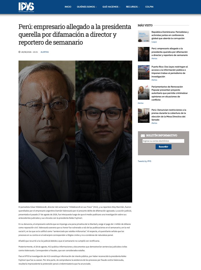 eloymarchan's tweet photo. Quiero agradecer a la @ANP_periodistas, el @IPYS, la @FPP_Noticias y el @cpperuoficial (pese a las diferencias) por la solidaridad y alerta frente a la querella que Damián Valenzuela, empresario amigo de Keiko Fujimori, puso contra mí y César Hildebrandt, director de @ensustrece. https://t.co/hRajWwiE9V