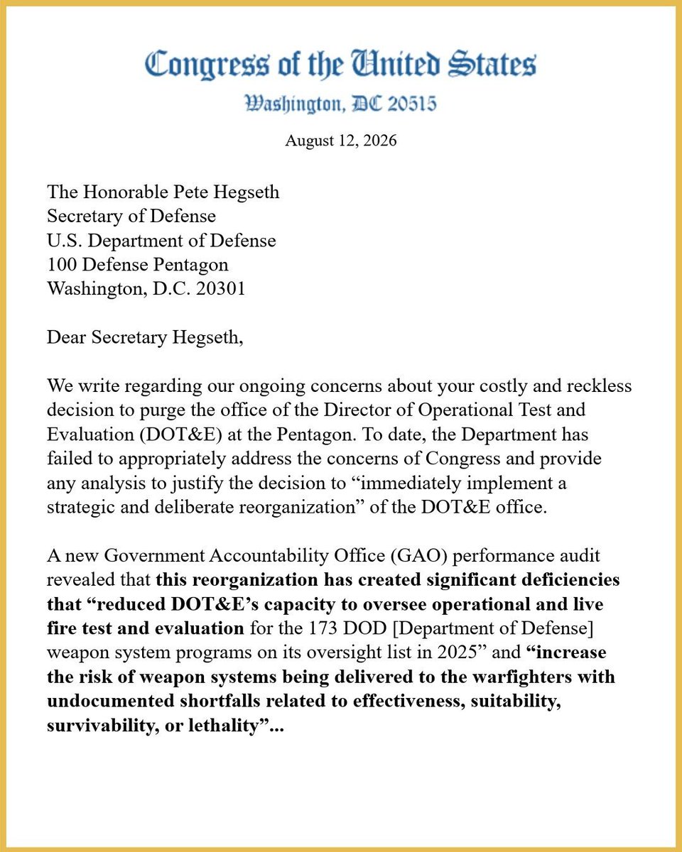 DonaldNorcross's tweet photo. This administration's purge of the Pentagon's weapons testing office is reckless and dangerous.
 
Earlier this month, @SenWarren and I pressed Secretary Hegseth on why he gutted the office and made our troops less safe: https://t.co/fmMd1jONHb