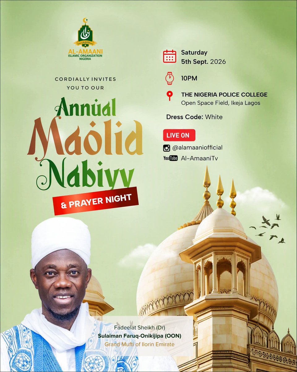 Olorialamaani's tweet photo. 🚌 AL-AMAANI ANNUAL MAOLUD NABIYY 2026 — BUS AVAILABLE FROM ILORIN 🚌

We wish to inform the general public, especially those who are interested in attending the AL-AMAANI ANNUAL MAOLUD NABIYY 2026, that buses will be available from Ilorin to Lagos at an affordable fare. https://t.co/DpR3gNbV5P
