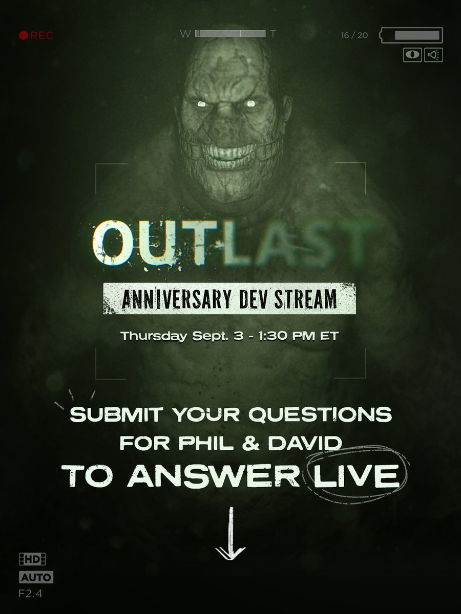 TheRedBarrels's tweet photo. #Outlast turns 13! 🎂 Celebrate the anniversary LIVE with a special Dev Stream on Tuesday, September 3 at 1:30 PM ET on Twitch, YouTube, and TikTok!

Join Red Barrels Co-Founders and Game Designers Philippe Morin and David Chateauneuf, hosted by Rosie, as we return to Mount Massive and revisit the game that started it all. They’ll be playing through sections of Outlast and answering YOUR questions about the game’s development, inspirations, design, and more!

📨 Send us your questions: https://t.co/owPzy010ZZ

__________

#Outlast fête ses 13 ans! 🎂 Célébrez l’anniversaire EN DIRECT avec un Dev Stream spécial le mardi 3 septembre à 13h30 HE sur Twitch, YouTube et TikTok!

Joignez-vous aux cofondateurs et concepteurs de jeux de Red Barrels, Philippe Morin et David Chateauneuf, animé par Rosie, alors que nous retournons à Mount Massive pour revisiter le jeu qui a tout commencé. Ils joueront à certaines sections d’Outlast et répondront à VOS questions sur le développement du jeu, ses inspirations, sa conception et plus encore!

📨 Envoyez-nous vos questions: https://t.co/owPzy010ZZ

#RedBarrels #DevStream #AnniversaireOutlast #JeuxHorreur #SurvivalHorror #OutlastAnniversary #HorrorGames #HorrorCommunity