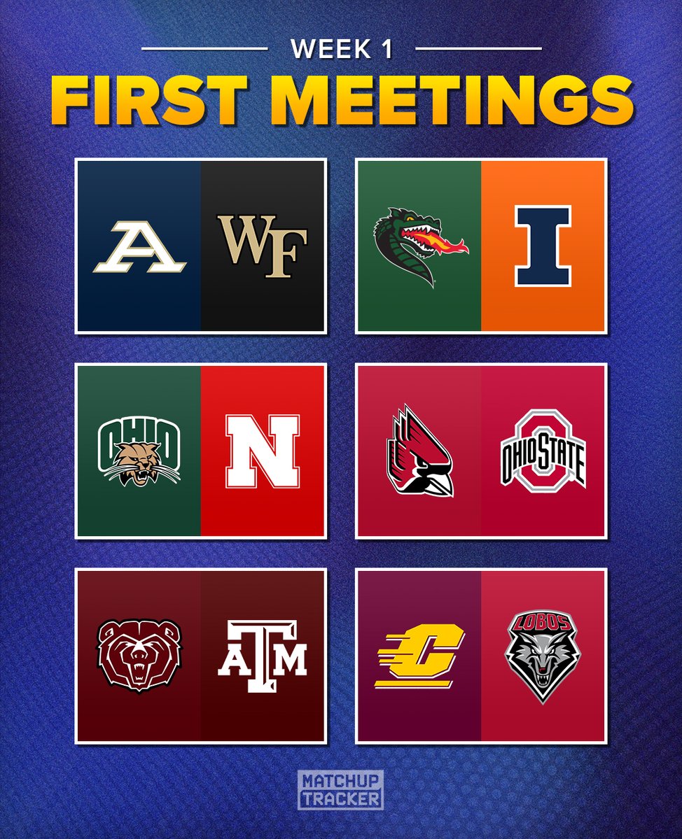 MatchupTracker's tweet photo. FBS First Meetings in Week 1 🏟️ https://t.co/K2KG1k7U8B