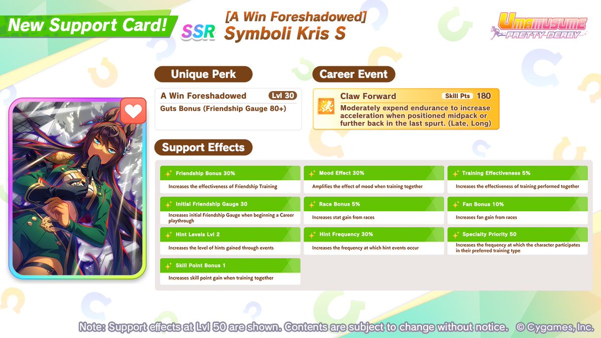 umamusume_eng's tweet photo. 🤝 Here's your first look at a new SSR Support Card!

Presenting [A Win Foreshadowed] Symboli Kris S!

For details, please check the Featured Cards section on the top right of the Scout screen available from Sep 1 (UTC).

#Umamusume https://t.co/mhLzlD7nDW