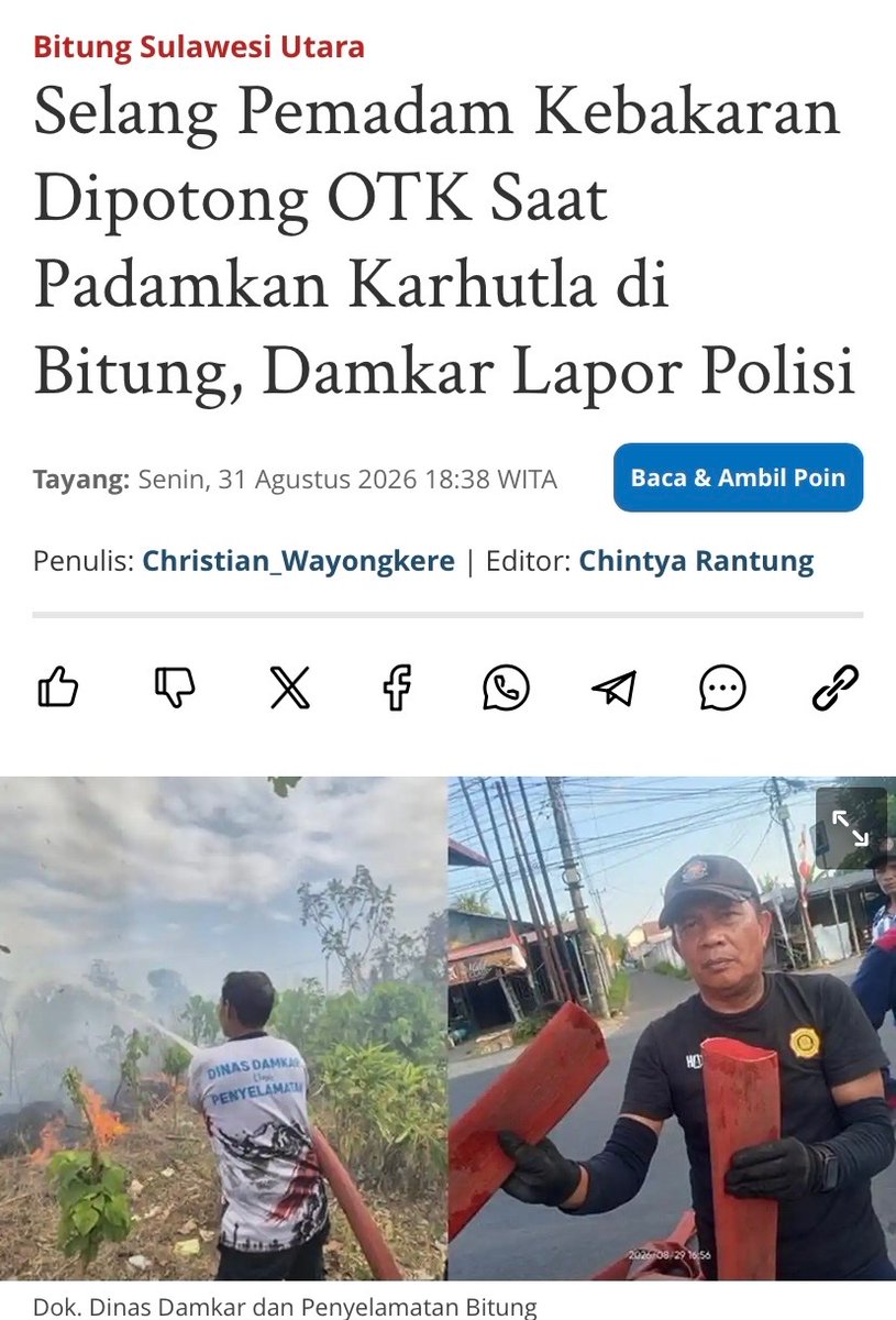txtdrimedia's tweet photo. 𖥔 selang milik damkar Bitung sengaja dipotong orang tak dikenal saat petugas berjuang memadamkan api karhutla 

𖥔 panjang selangnya 30 m dgn tebal 2,5 inch (6,35 cm)

𖥔 waktu petugas lagi nyiram api, tbtb airnya ga jalan. ketika dicek, selang udah putus dipotong 

𖥔 damkar Bitung langsung membuat laporan pengaduan ke Polres Bitung 

𖥔 damkar masih nunggu proses penanganan laporan untuk mengungkap pelaku & alasannya 

- kejadian di kec Girian, kota Bitung, Sulawesi Utara 

jadi orang kok jahat banget ya 😡