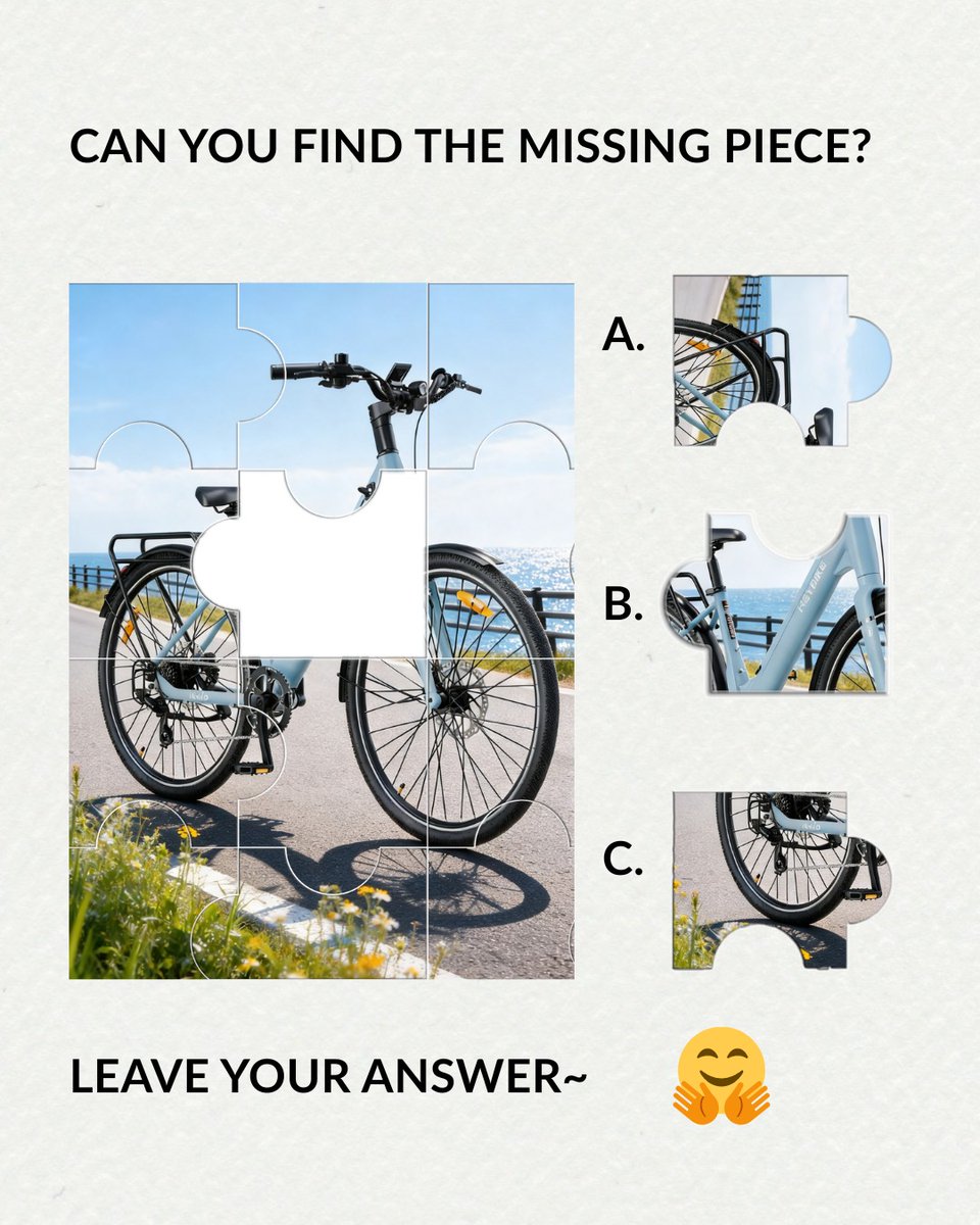 ArnoldKitthtib's tweet photo. Test your eyesight! One piece is missing from our e-bike jigsaw. Which one fits perfectly: A, B, or C? Share your answer in the comments and tag a friend who wants to give it a try. https://t.co/xgh4a110zI