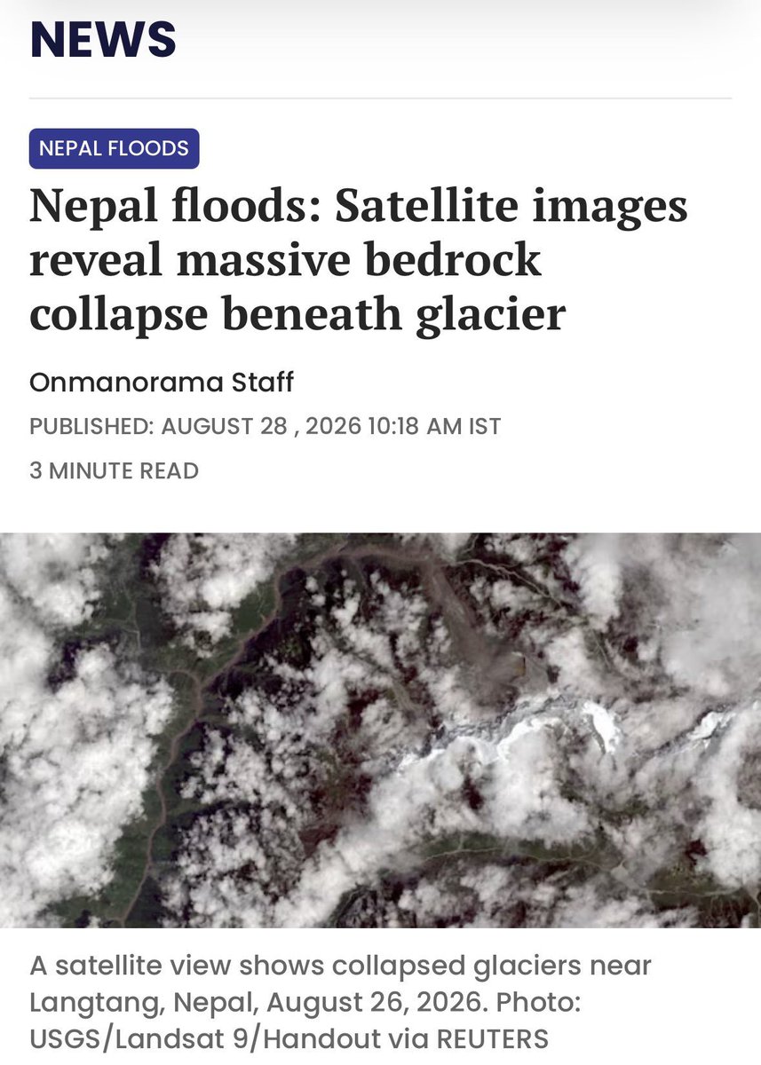 MatthewWielicki's tweet photo. Well, this changes the story considerably.

The initial headlines called this a “glacial collapse.” Satellite analysis now indicates the major failure was a massive bedrock collapse beneath the glacier.

That distinction matters. This was fundamentally a geologic mass-failure event involving bedrock, which then mobilized ice, rock, sediment, and water downstream... not simply a glacier spontaneously collapsing because of warming.

Yet people were almost immediately declaring it another climate-change disaster.