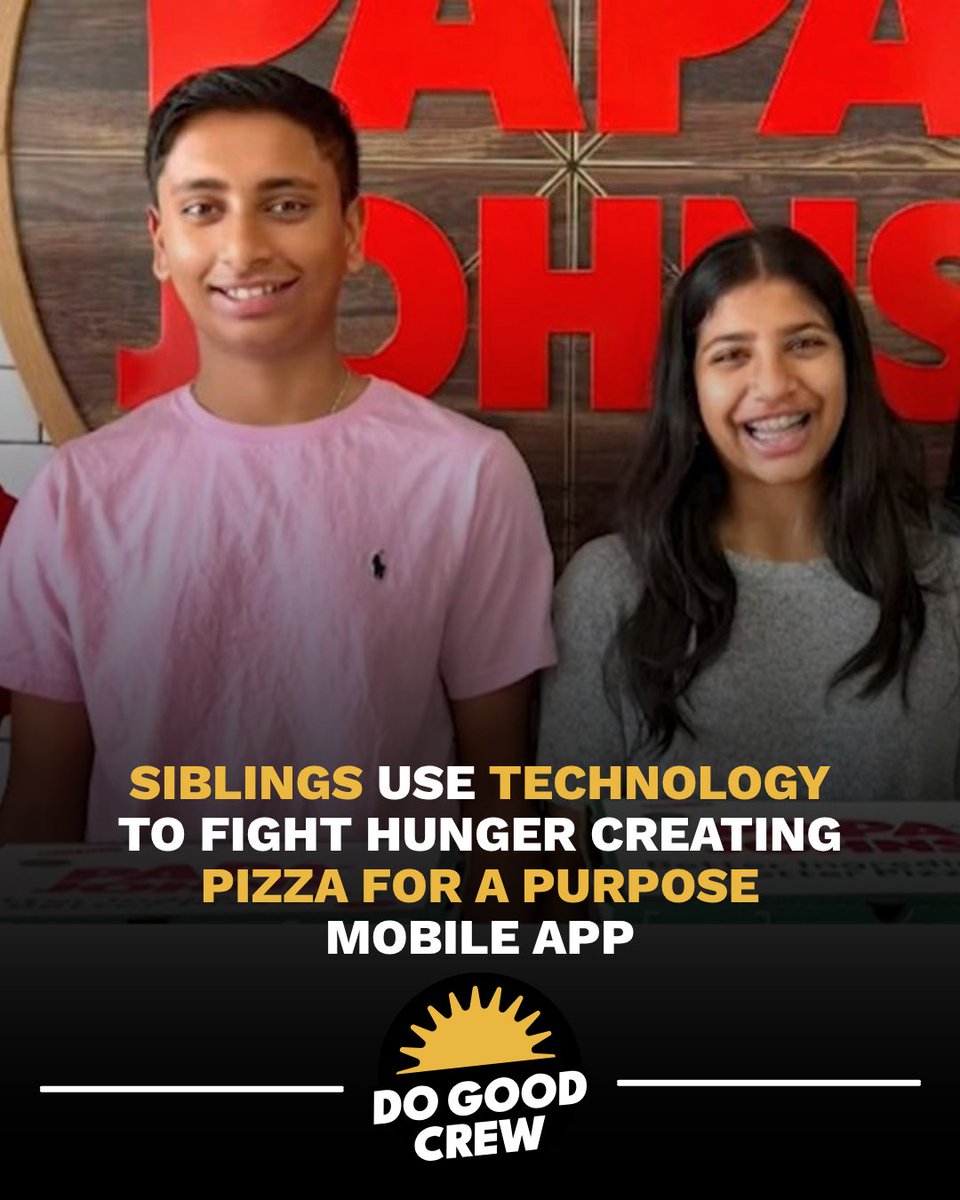 DavidBegnaud's tweet photo. What do you do when you realize kids your own age don't have enough to eat? If you're 13-year-old Aashrita Kaza, you partner with your brother Anish to build an app.

🍕Today, the Do Good Crew wants to recognize Anish and Aashrita for their app Pizza for a Purpose. So far their app has resulted in 25,000+ slices delivered to hungry families.

The siblings, who are from South Florida, designed Pizza for a Purpose to connect pizzerias, grocery stores, and everyday donors directly with charities to feed people who often go without the luxury of a good slice.

📲 Anyone can donate through the Pizza for a Purpose app, available in your App Store.